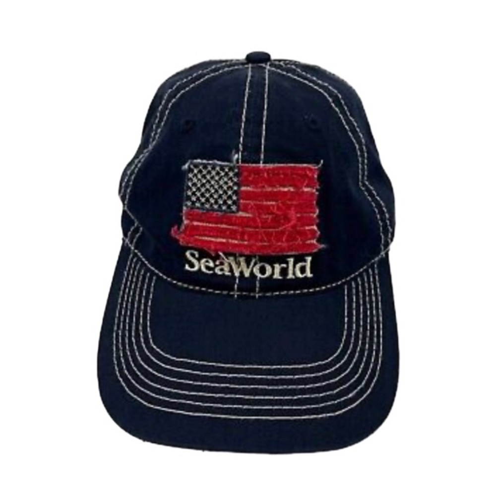 VINTAGE Sea World Strap Back Hat Cap Blue Adult Adjustable Casual